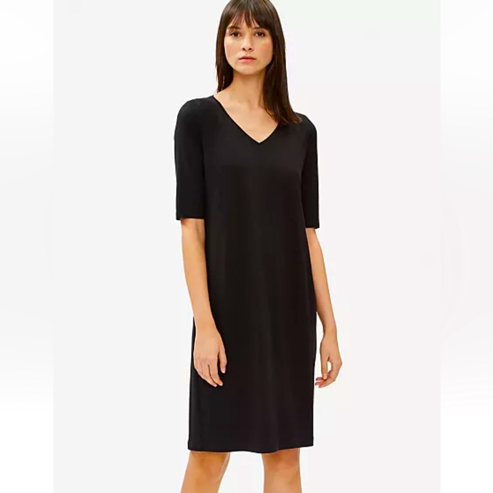 NWT EILEEN FISHER BLACK V-NECK T-SHIRT DRESS FINE TENSEL STRETCH JERSEY